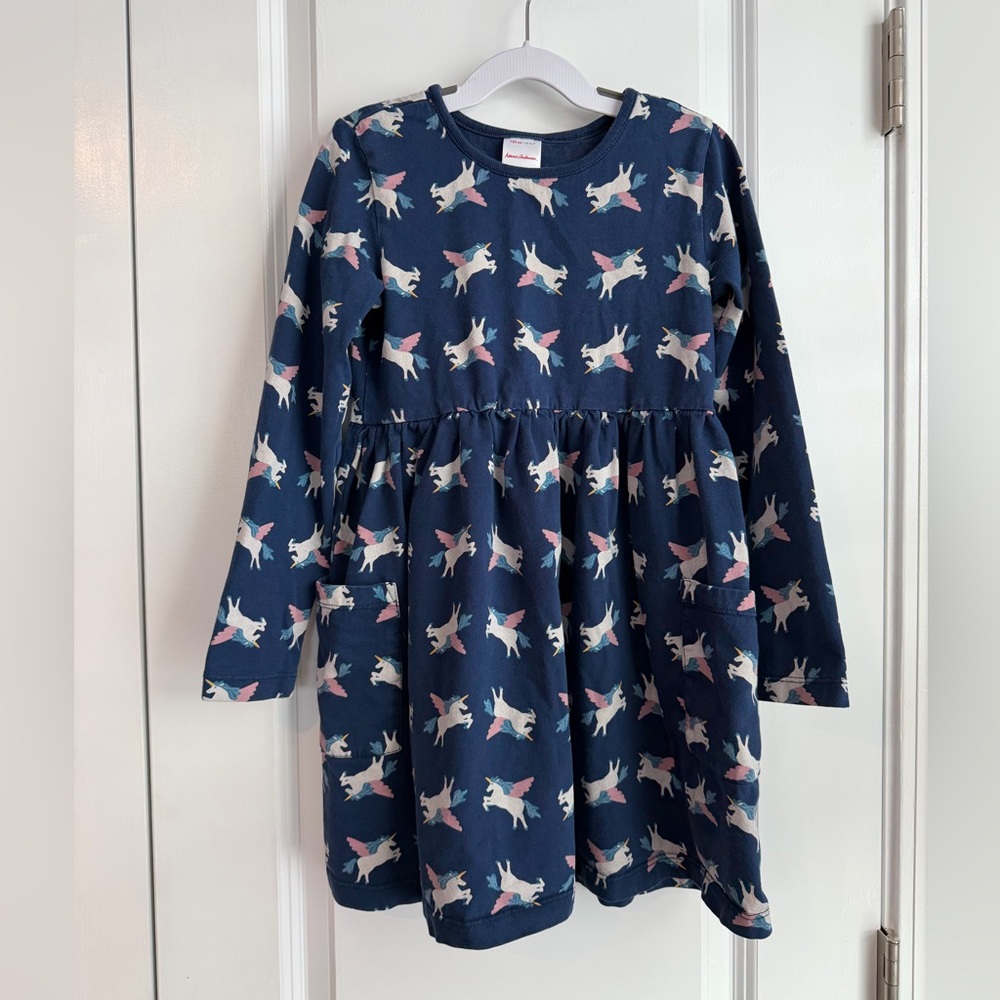 Hanna Andersson Girls Unicorn Printed Pocket Dress Blue Size 120/6-7